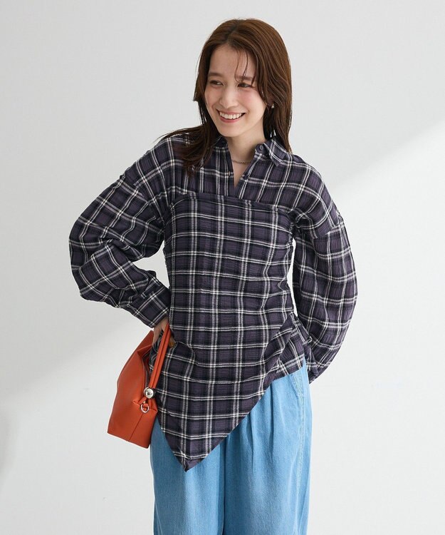 Green Parks スカーフ付チェックシャツ Charcoal Gray