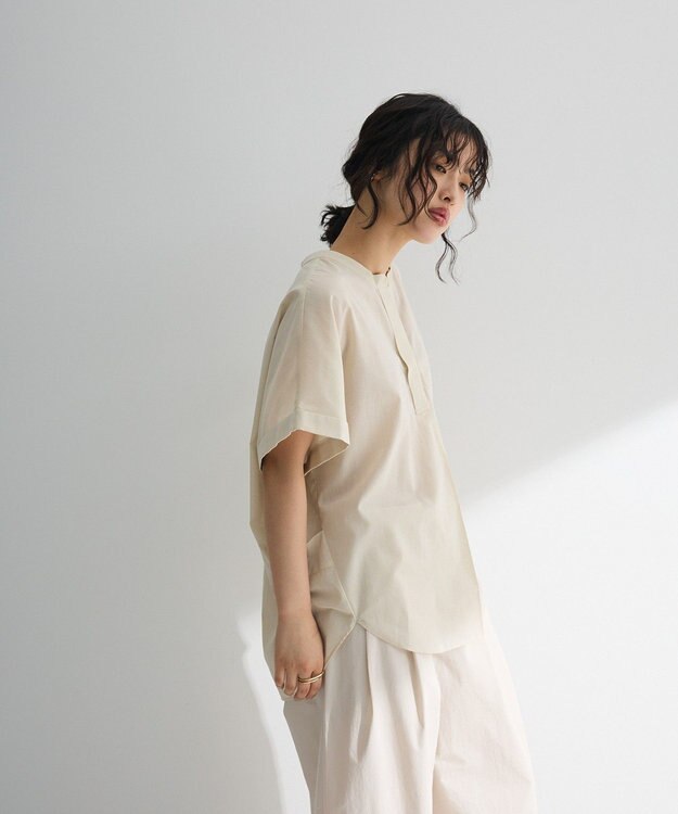 Green Parks 綿麻混フレンチスリーブスキッパーシャツ Light Beige