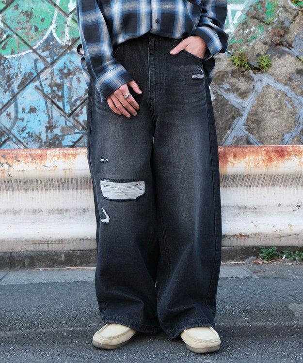 WEGO スーパーバギーダメージデニムパンツ デニムブラックソノタ