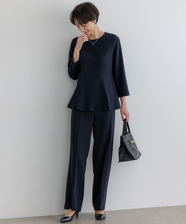 23区 【洗える】トリアセダブルジョーゼット ペプラム ブラウス ネイビー系