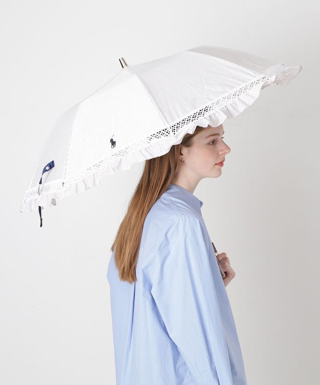 MOONBAT 【遮光/晴雨兼用日傘】POLO RALPH LAUREN(ポロ ラルフローレン) ストライプフリル 折りたたみ傘 楽折 遮熱 UV ベージュ