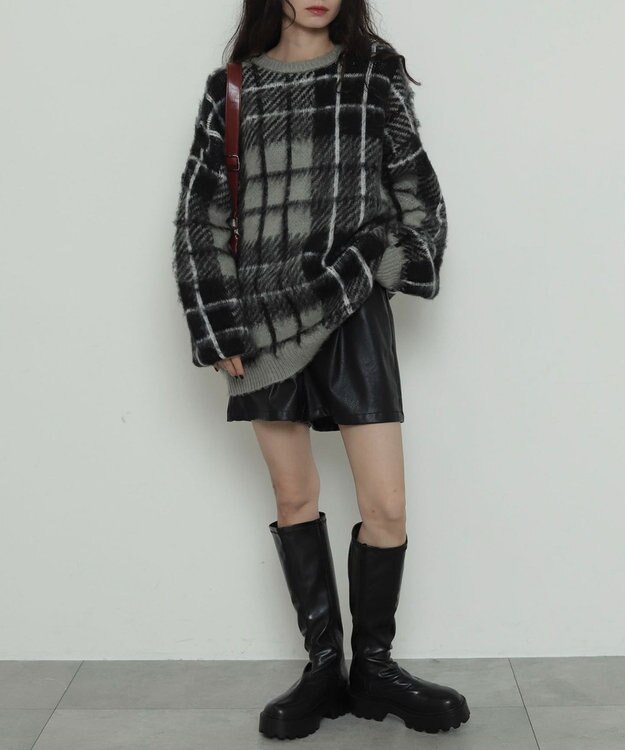 WEGO 【2025年秋冬新作】シャギーパターンニットBIGプルオーバー グレーチェック1