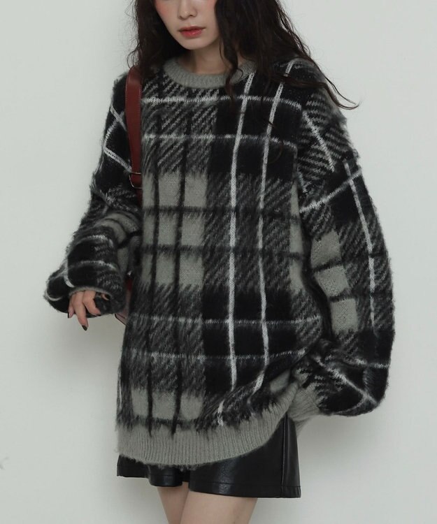 WEGO 【2025年秋冬新作】シャギーパターンニットBIGプルオーバー グレーチェック1