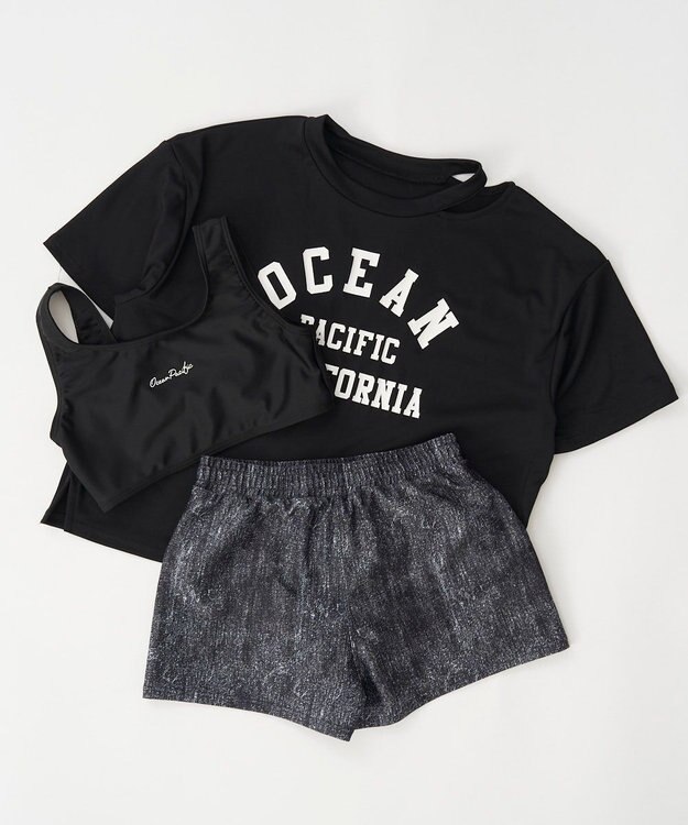 OP／FILA 【Ocean Pacific】Ｔシャツ付きセパレート水着3点セット ブラック