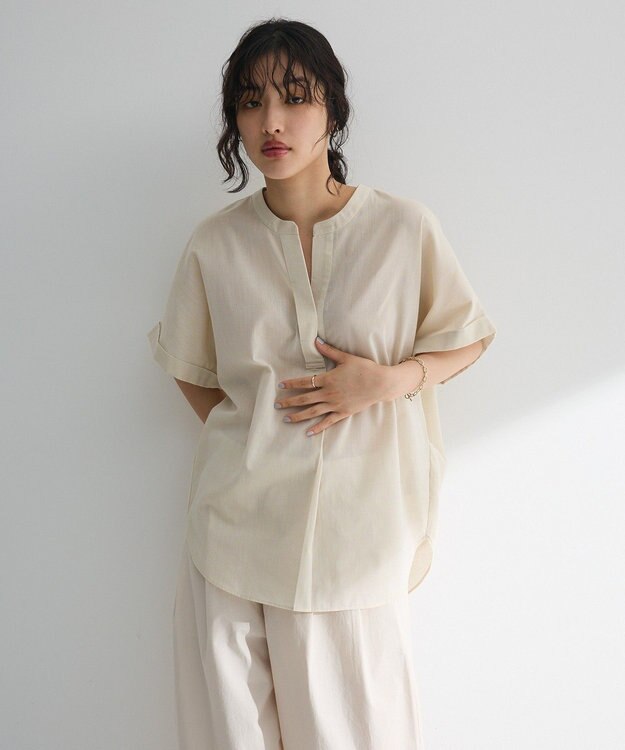 Green Parks 綿麻混フレンチスリーブスキッパーシャツ Light Beige