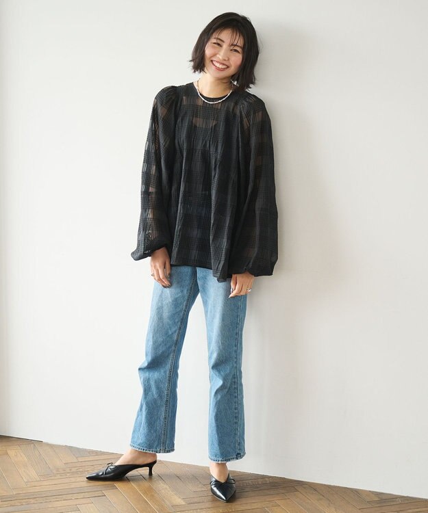 #Newans シアーチェックボリュームブラウス ブラック