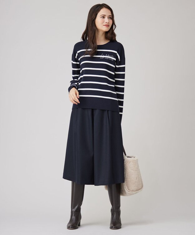 自由区 S 【洗える】コットンウールハイゲージボーダー ニット ネイビー×オフ