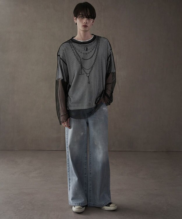 WEGO シルバープリントバギーフレアデニム デニム淡色