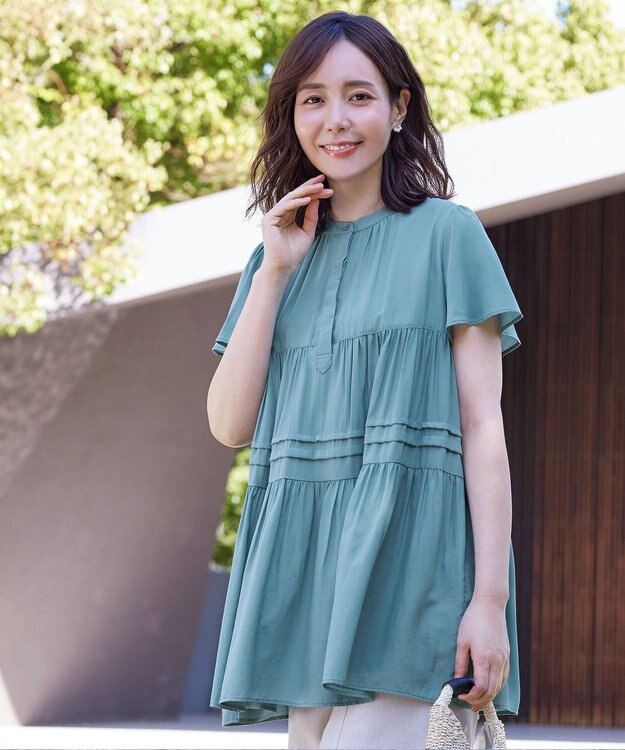 Tiaclasse 【洗える】バンドカラーティアードシャツチュニックブラウス ミント