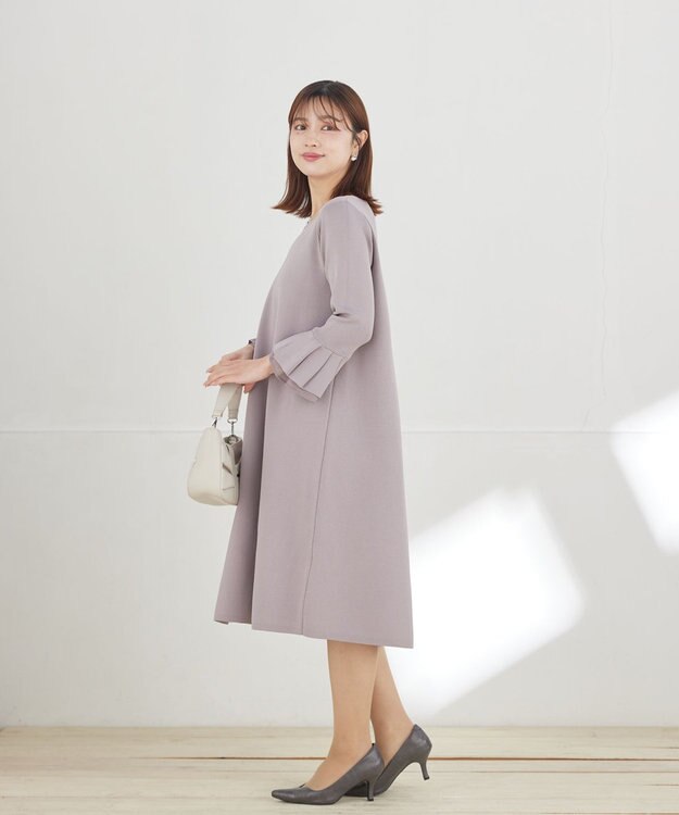 Tiaclasse L シフォンフレア袖スポンジニットワンピース グレージュ