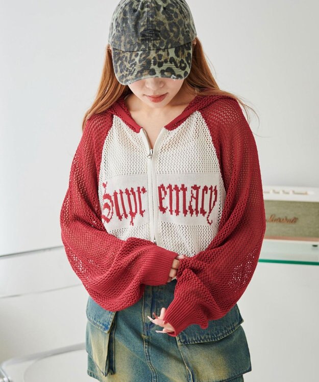 WEGO ラグランメッシュニットショートパーカー レッド