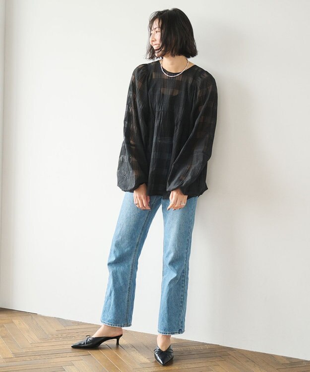 #Newans シアーチェックボリュームブラウス ブラック