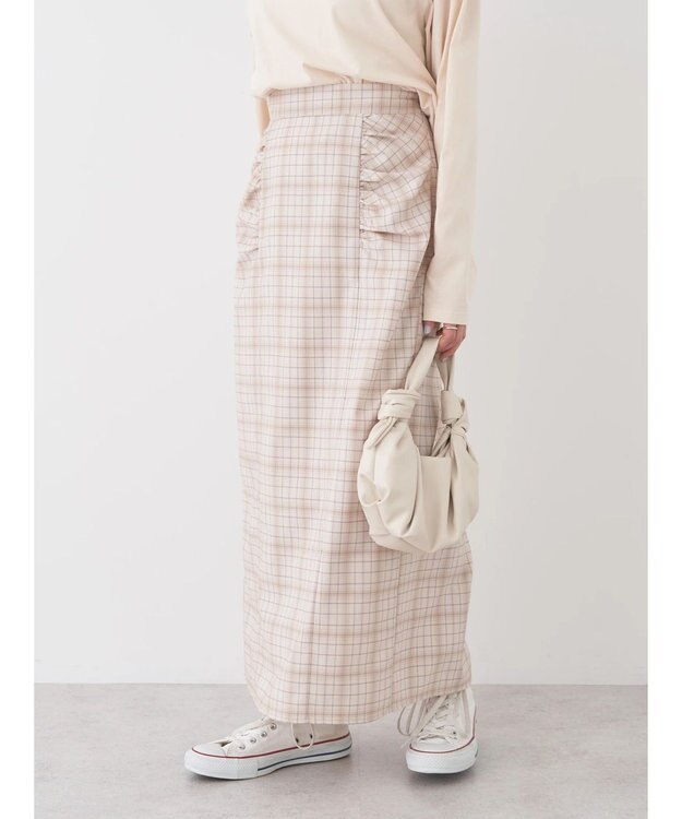 earth music&ecology ギャザーナロースカート Check Beige