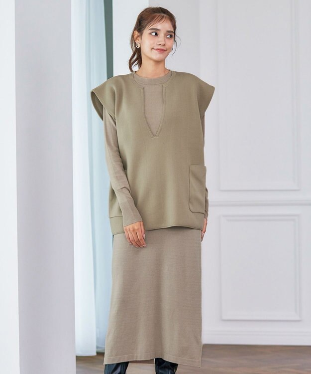 Tiaclasse 【2点セット】Wフェイスニットベスト＆ニットワンピース ベージュ