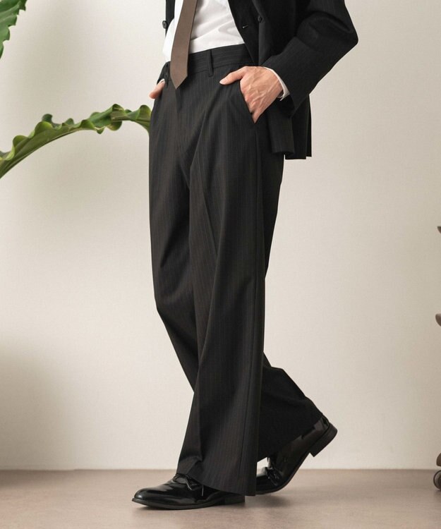 WEGO 【セットアップ対応】ワイドストレートスラックス ブラックストライプ