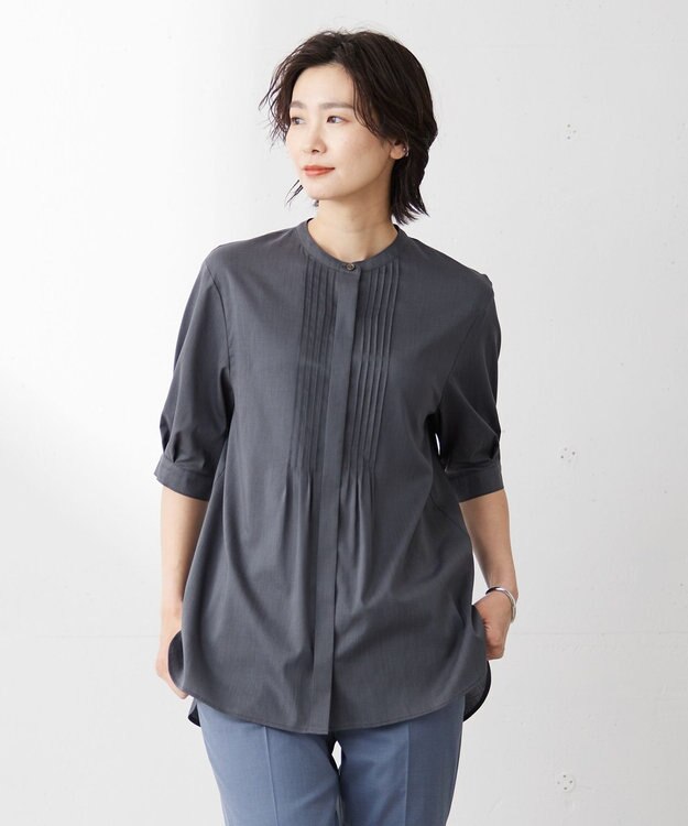 J.PRESS LADIES L 【WEB限定カラーあり・洗える】ラミーポプリン バンドカラー ブラウス グレー系