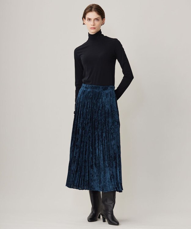 ICB 【洗える】 シアーベルベット プリーツスカート スレートブルー系