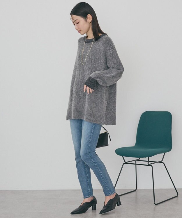 AMERICAN HOLIC 起毛バイカラーニットプルオーバー Charcoal Gray