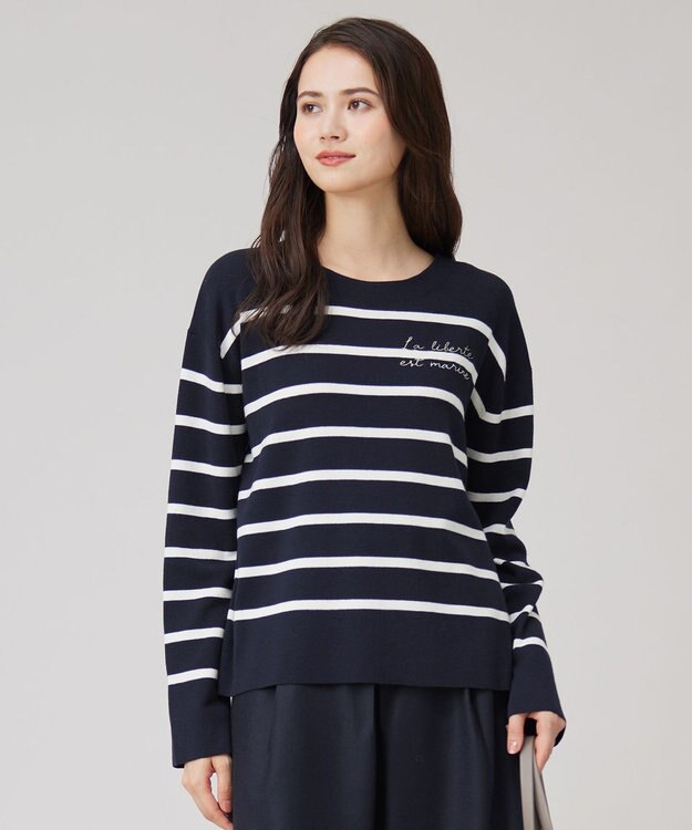 自由区 S 【洗える】コットンウールハイゲージボーダー ニット ネイビー×オフ