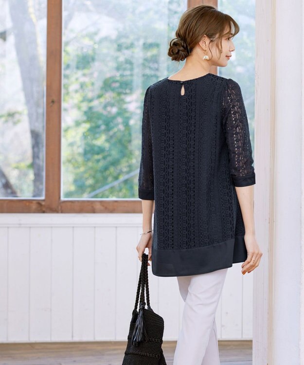 Tiaclasse L 【洗える】レースコンビチュニックブラウス ネイビー