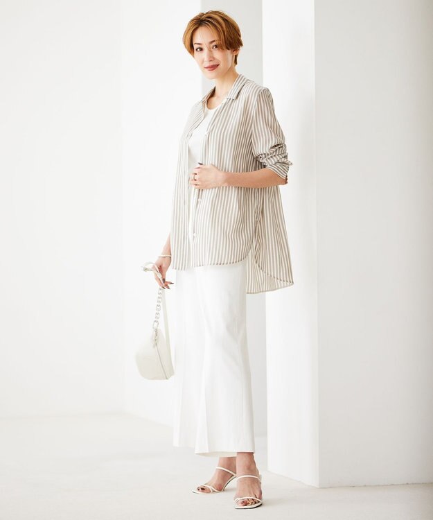 ICB L 【洗える】 キュプラローンストライプ シャツ オリーブストライプ系