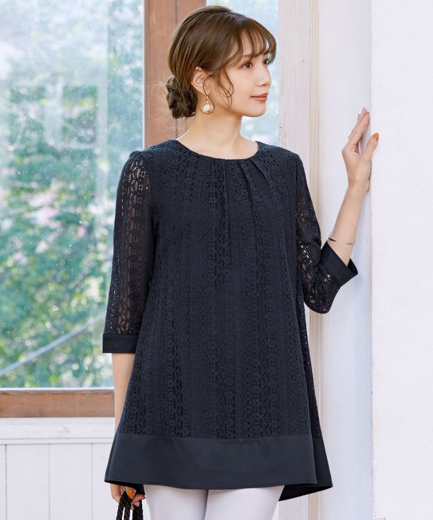 Tiaclasse L 【洗える】レースコンビチュニックブラウス ネイビー