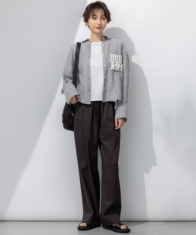 23区 【洗える】LIBECO クロップド シャツ ダークブラウンストライプ