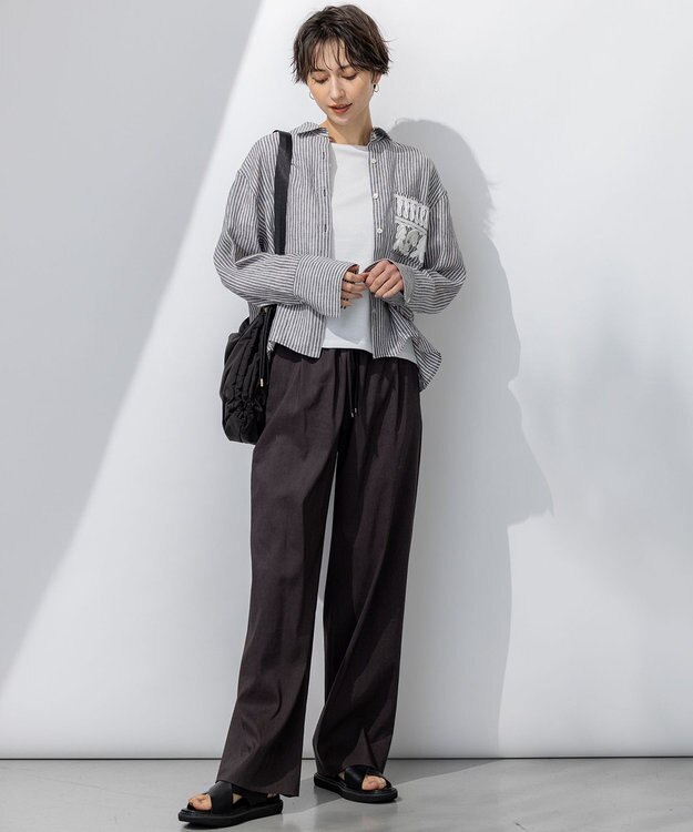 23区 L 【洗える】LIBECO クロップド シャツ ダークブラウンストライプ