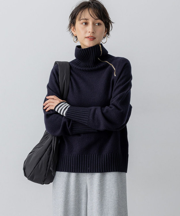 23区 L ボイルドウールコンビ ジップ タートルニット ネイビー系