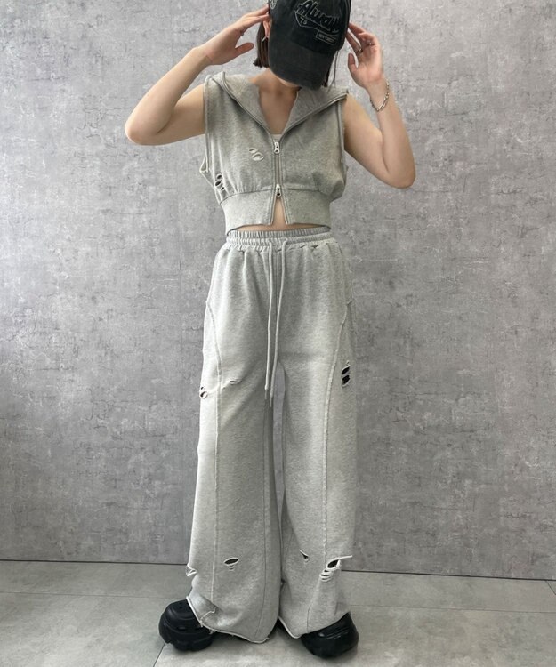 WEGO 【ウエストゴム】ヴィンテージウォッシュスウェットワイドパンツ 杢グレー