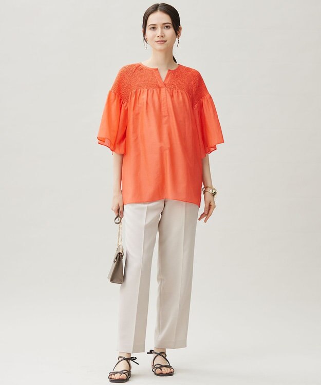 自由区 【洗える】シルクコットンローンスモッキング刺繍 ブラウス マンダリン