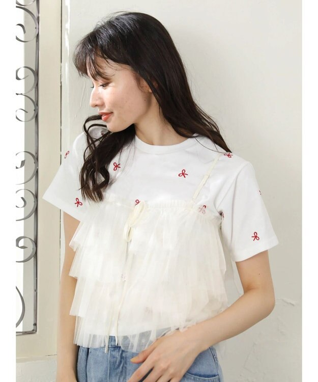 Green Parks ・Ｄｏｕｂｌｅ　Ｆｌａｇｓ　リボン刺繍ＴＥＥ Off White