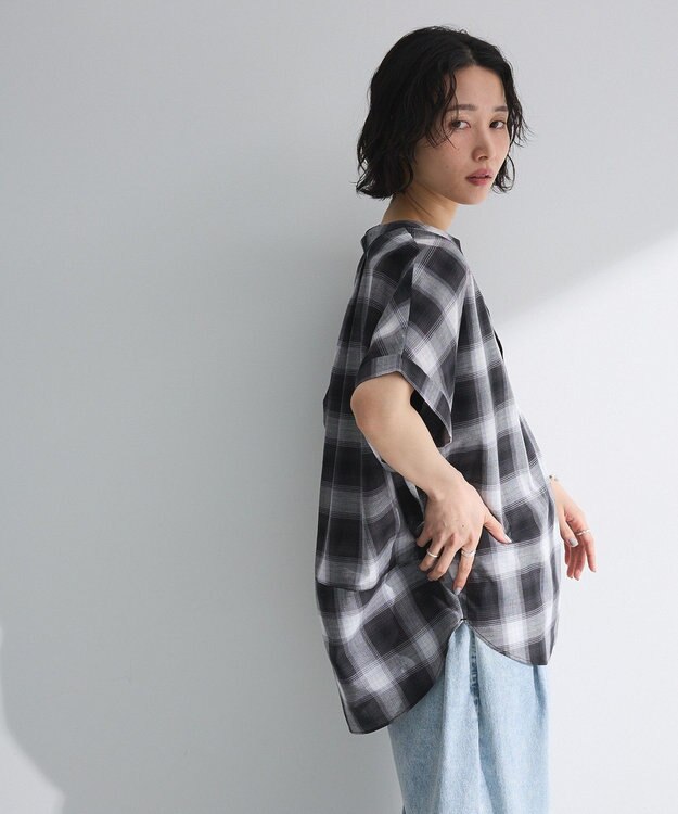 Green Parks 綿麻混フレンチスリーブスキッパーシャツ Check