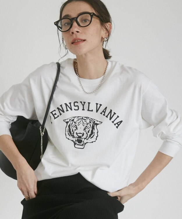 WEGO 【ANGIE VINTAGE】GILDAN カレッジロゴ オーバーサイズ プリント ロンT ホワイトその他