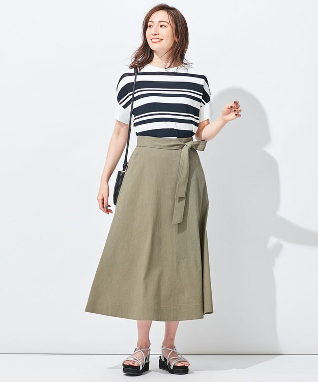 自由区 【洗える・ストレッチ素材】リネンヴィスコースストレッチ フレアスカート カーキ系