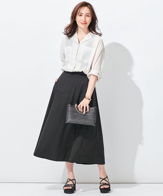 自由区 【洗える・ストレッチ素材】リネンヴィスコースストレッチ フレアスカート ブラック系