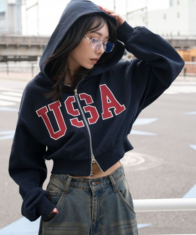 WEGO グラフィックショートZIPパーカー ネイビー