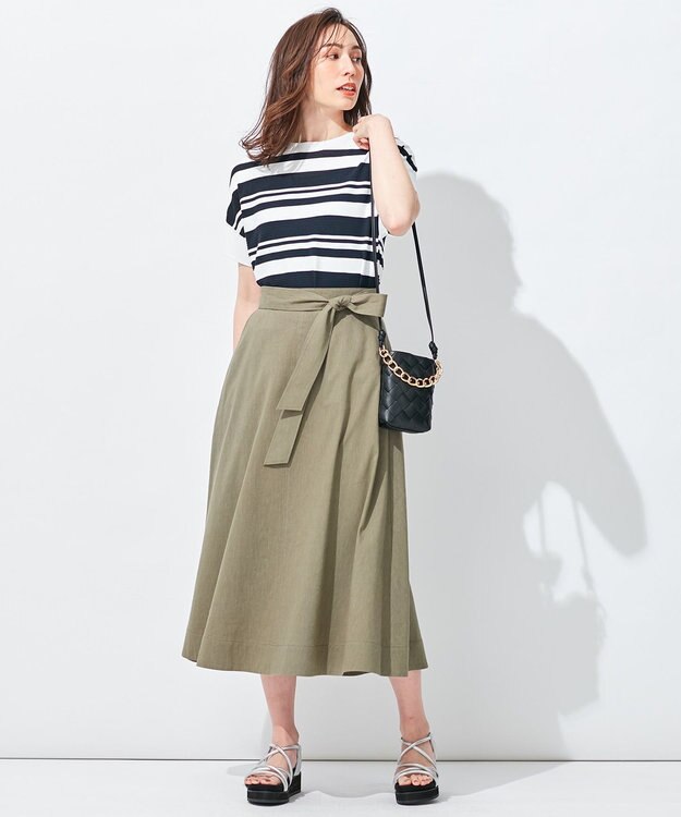自由区 【洗える・ストレッチ素材】リネンヴィスコースストレッチ フレアスカート カーキ系