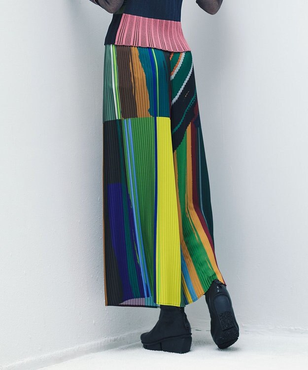 COQ DIALOGUE 前後2WAYプリーツパンツ グリーンマルチカラーストライプ