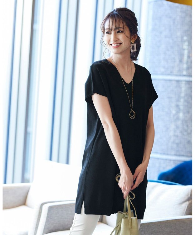 Tiaclasse L 【洗える】さらりと肌離れの良いフレンチスリーブニットチュニック ブラック