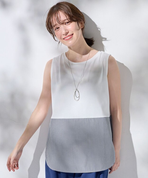 ANY L 【洗濯機可】ラウンドヘムコンビインナー オフ×ストライプ