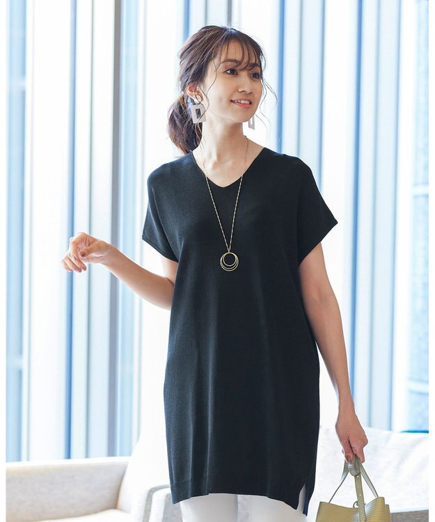 Tiaclasse L 【洗える】さらりと肌離れの良いフレンチスリーブニットチュニック ブラック