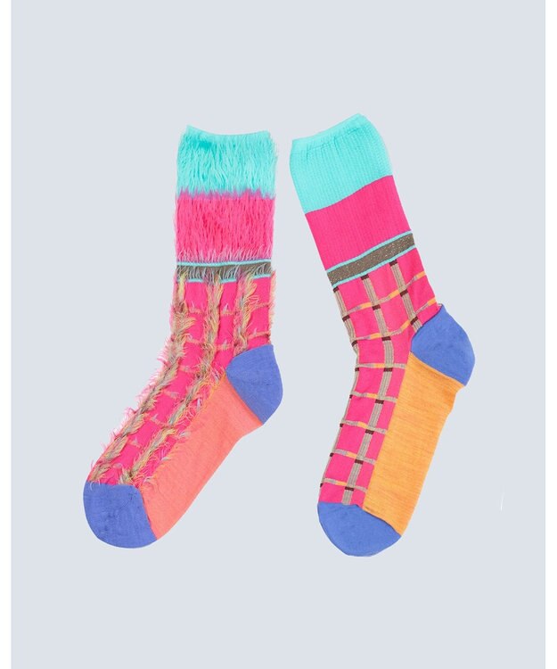 COQ BLOCK FLAG チェック リバーシブルファーソックス ピンク