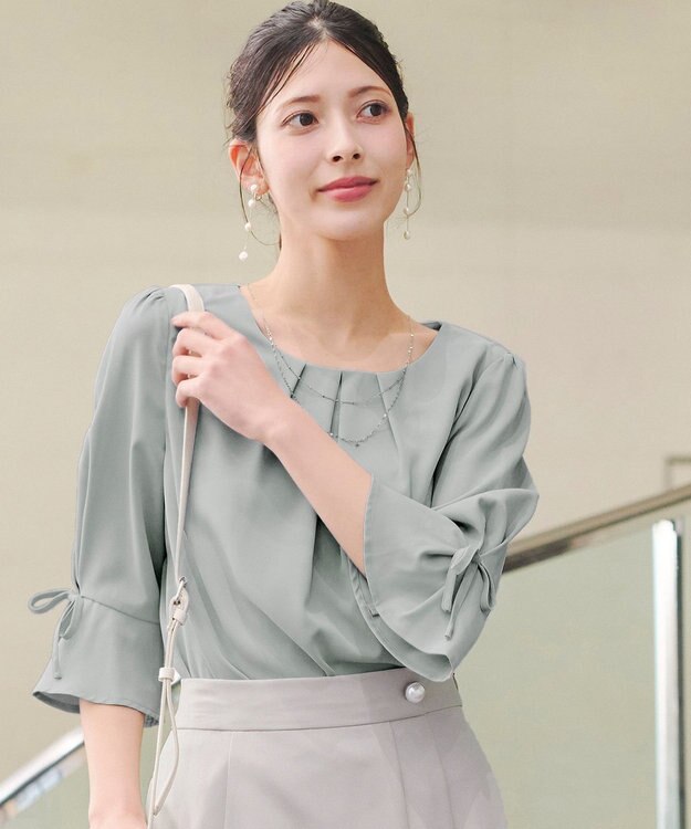 Tiaclasse 【洗える】リボン付きタックフレア袖ブラウス ミント