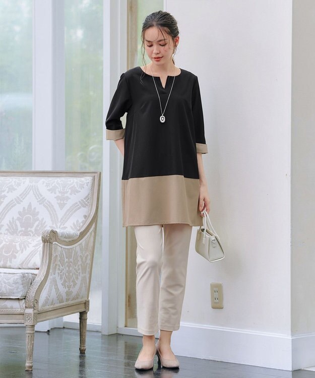 Tiaclasse L 【洗える】バイカラーチュニック ブラック×ベージュ
