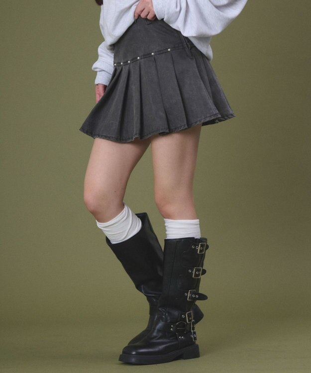 WEGO スタッズデザインプリーツスカパン ブラック