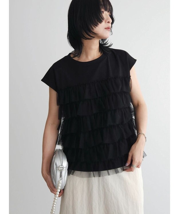 Green Parks フレンチスリーブチュールティアードプルオーバー Black