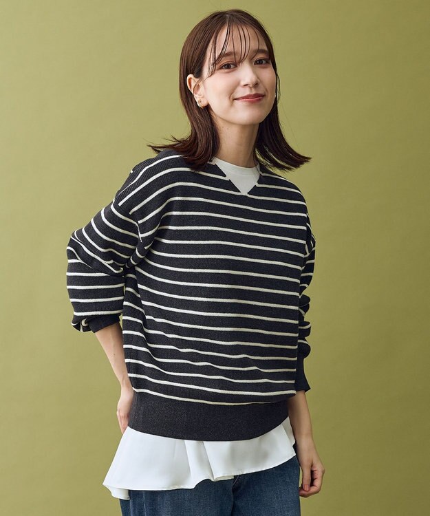 ANY 【8色展開】Vネックデイリーニット チャコール×オフ