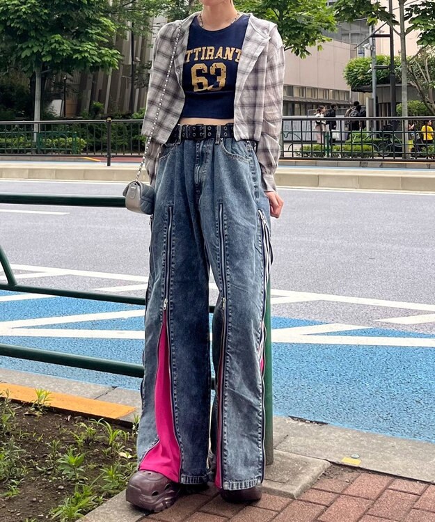 WEGO 【ユニセックス着用ITEM】ジャージドッキングZIPデニムパンツ ピンク