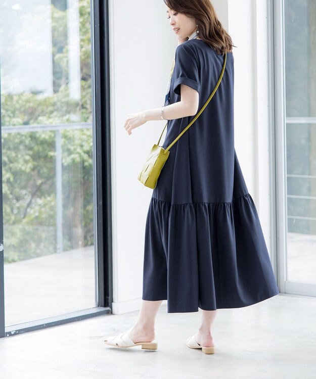 Tiaclasse 【洗える】ギャザーヘムフレアワンピース ネイビー
